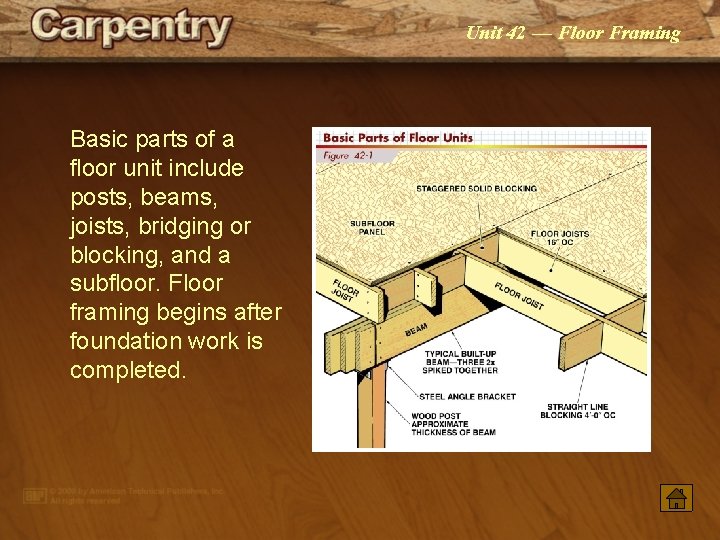 Unit 42 — Floor Framing Basic parts of a floor unit include posts, beams,