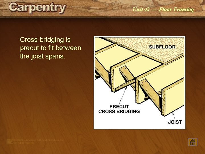 Unit 42 — Floor Framing Cross bridging is precut to fit between the joist