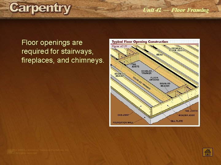 Unit 42 — Floor Framing Floor openings are required for stairways, fireplaces, and chimneys.