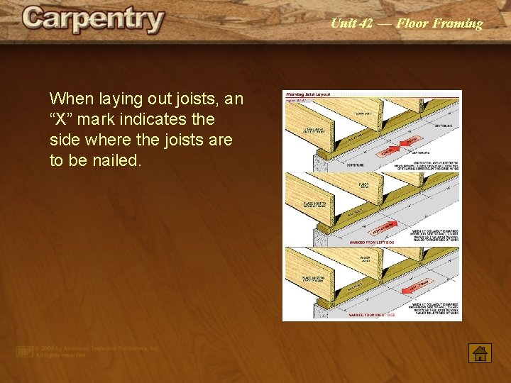 Unit 42 — Floor Framing When laying out joists, an “X” mark indicates the