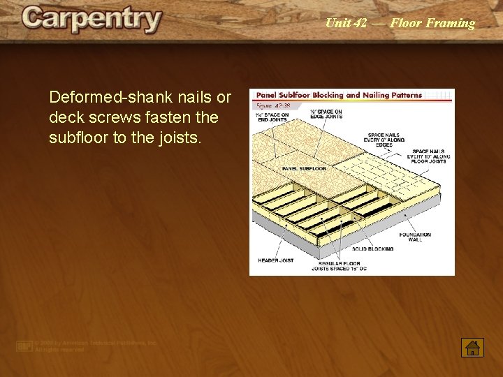 Unit 42 — Floor Framing Deformed-shank nails or deck screws fasten the subfloor to