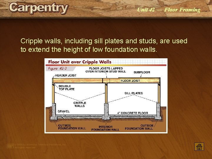 Unit 42 — Floor Framing Cripple walls, including sill plates and studs, are used