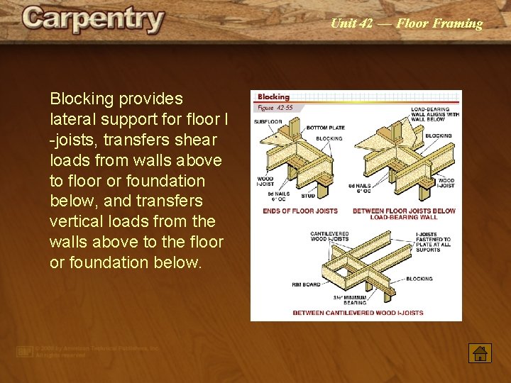 Unit 42 — Floor Framing Blocking provides lateral support for floor I -joists, transfers