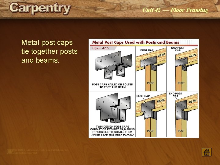 Unit 42 — Floor Framing Metal post caps tie together posts and beams. 