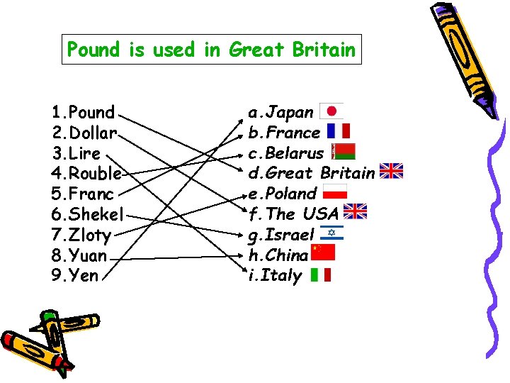 Pound is used in Great Britain 1. Pound 2. Dollar 3. Lire 4. Rouble