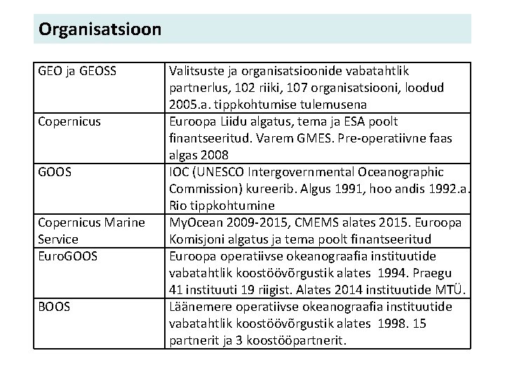 Organisatsioon GEO ja GEOSS Copernicus GOOS Copernicus Marine Service Euro. GOOS BOOS Valitsuste ja