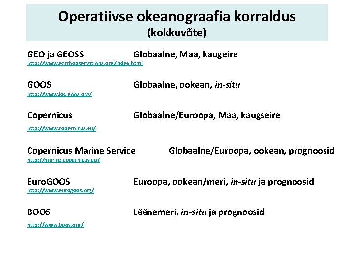 Operatiivse okeanograafia korraldus (kokkuvõte) GEO ja GEOSS Globaalne, Maa, kaugeire GOOS Globaalne, ookean, in-situ