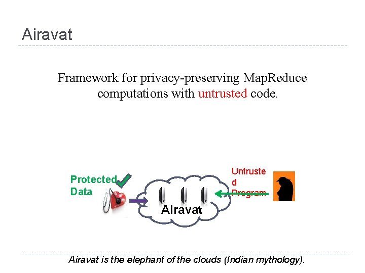Airavat Framework for privacy-preserving Map. Reduce computations with untrusted code. Untruste d Program Protected