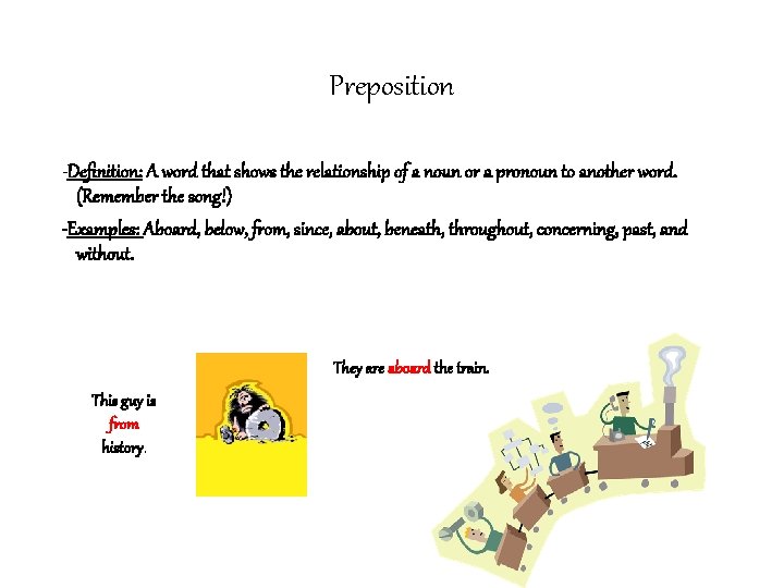 Preposition -Definition: A word that shows the relationship of a noun or a pronoun