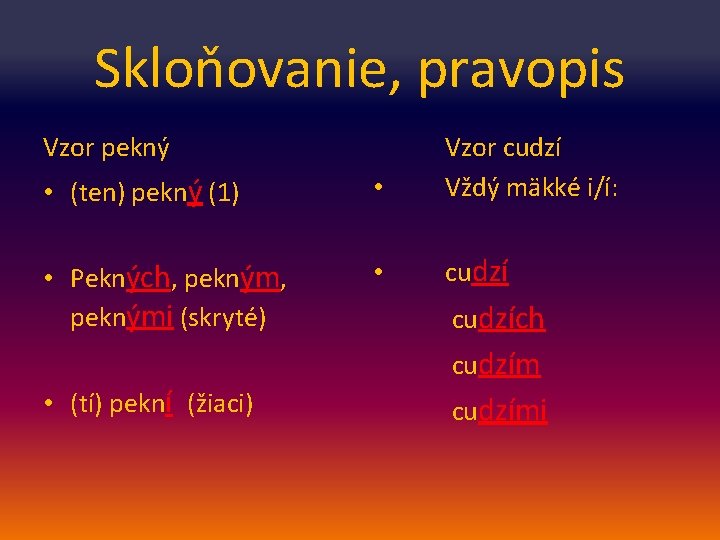 Skloňovanie, pravopis Vzor pekný • (ten) pekný (1) • Vzor cudzí Vždý mäkké i/í: