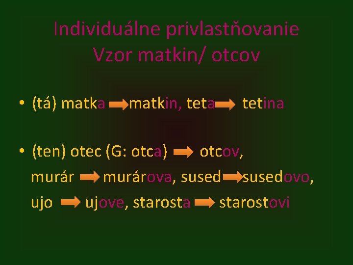 Individuálne privlastňovanie Vzor matkin/ otcov • (tá) matka matkin, teta tetina • (ten) otec