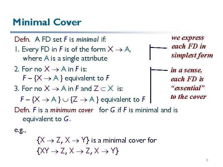Minimal Cover we express Defn. A FD set F is minimal if: each FD