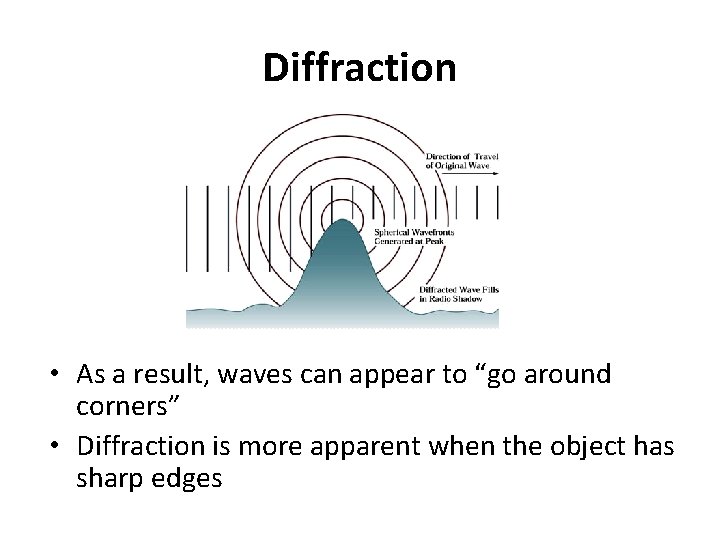 Diffraction • As a result, waves can appear to “go around corners” • Diffraction