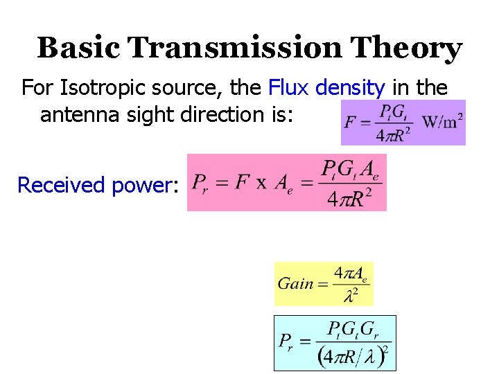 Basic Transmission Theory For Isotropic source, the Flux density in the antenna sight direction