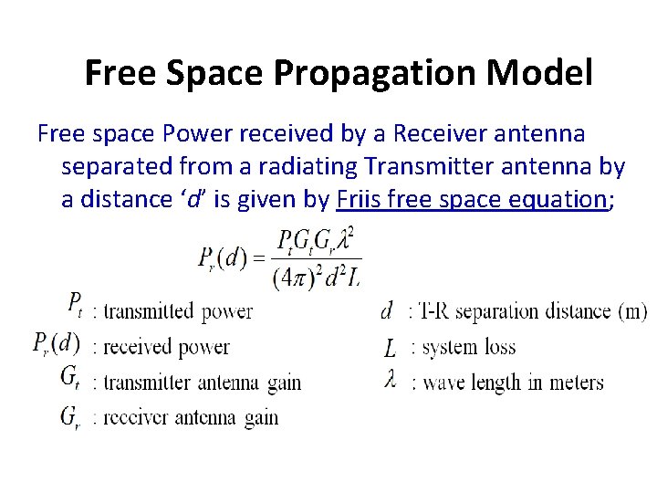 Free Space Propagation Model Free space Power received by a Receiver antenna separated from