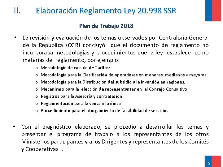 II. Elaboración Reglamento Ley 20. 998 SSR Plan de Trabajo 2018 • La revisión