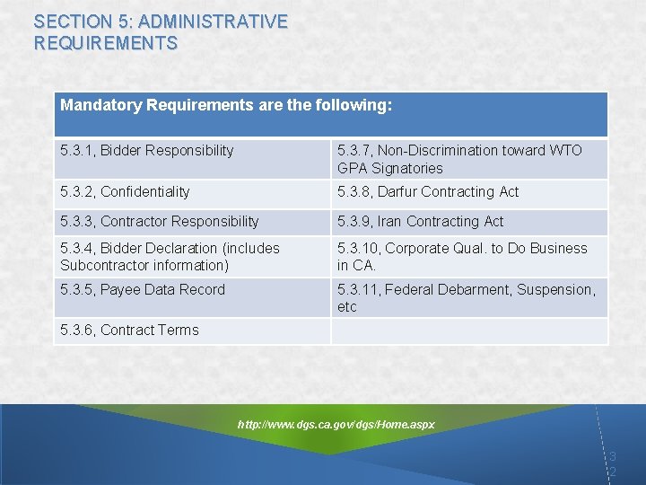 SECTION 5: ADMINISTRATIVE REQUIREMENTS Mandatory Requirements are the following: 5. 3. 1, Bidder Responsibility