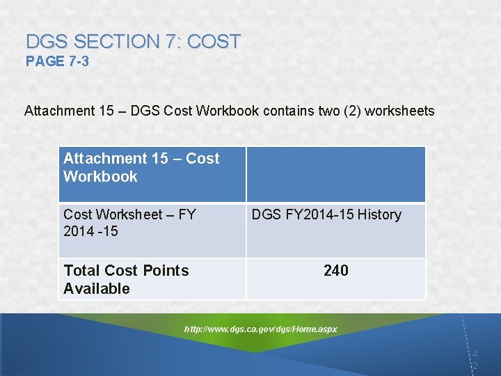 DGS SECTION 7: COST PAGE 7 -3 Attachment 15 – DGS Cost Workbook contains