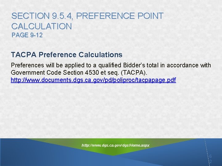 SECTION 9. 5. 4, PREFERENCE POINT CALCULATION PAGE 9 -12 TACPA Preference Calculations Preferences SECTION 9. 5. 4, PREFERENCE POINT CALCULATION PAGE 9 -12 TACPA Preference Calculations Preferences