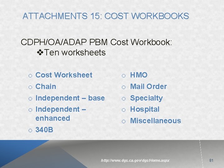 ATTACHMENTS 15: COST WORKBOOKS CDPH/OA/ADAP PBM Cost Workbook: v. Ten worksheets o Cost Worksheet