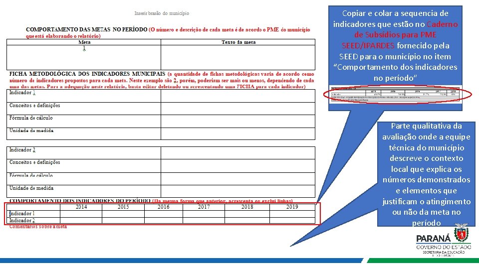 Copiar e colar a sequencia de indicadores que estão no Caderno de Subsídios para