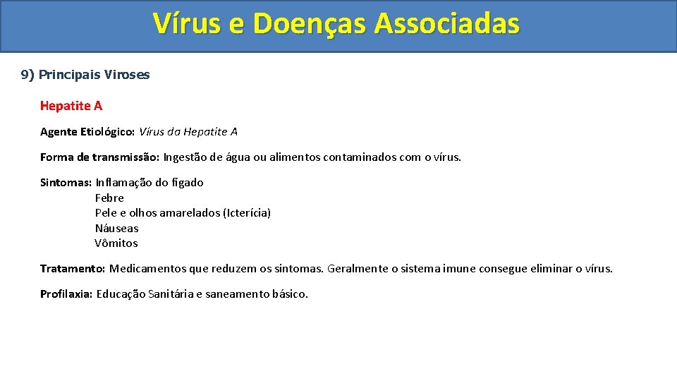 Vírus e Doenças Associadas 9) Principais Viroses Hepatite A Agente Etiológico: Vírus da Hepatite