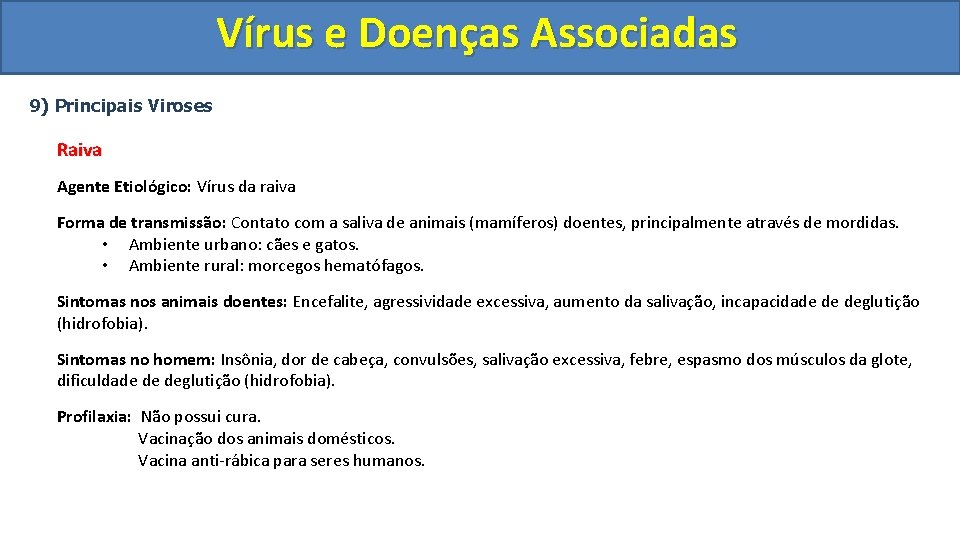 Vírus e Doenças Associadas 9) Principais Viroses Raiva Agente Etiológico: Vírus da raiva Forma