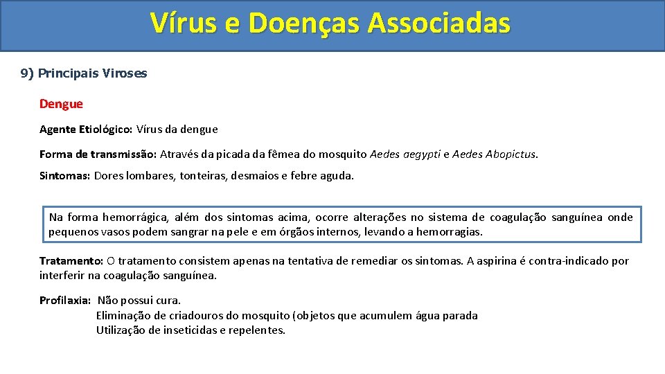 Vírus e Doenças Associadas 9) Principais Viroses Dengue Agente Etiológico: Vírus da dengue Forma