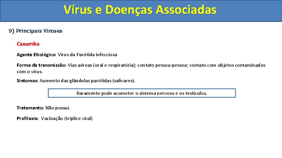 Vírus e Doenças Associadas 9) Principais Viroses Caxumba Agente Etiológico: Vírus da Parótida infecciosa