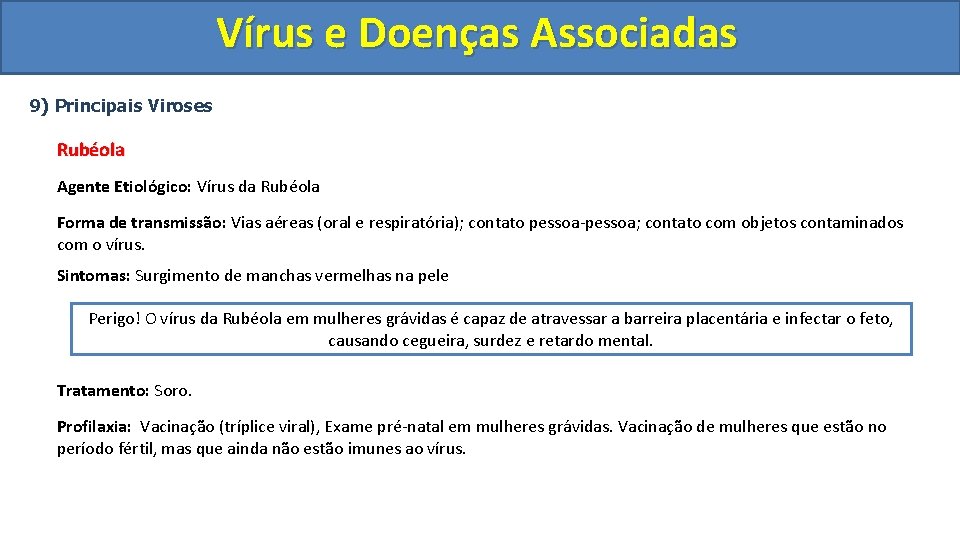 Vírus e Doenças Associadas 9) Principais Viroses Rubéola Agente Etiológico: Vírus da Rubéola Forma