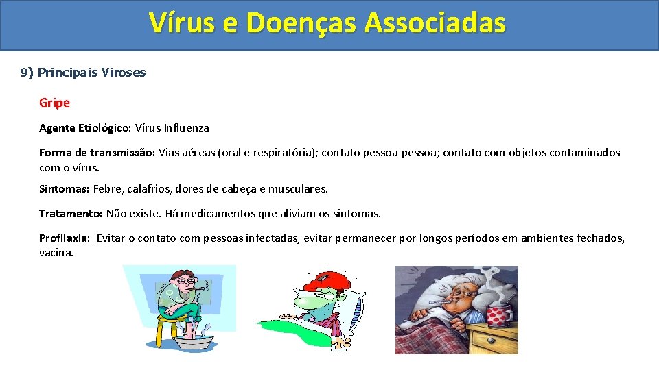 Vírus e Doenças Associadas 9) Principais Viroses Gripe Agente Etiológico: Vírus Influenza Forma de