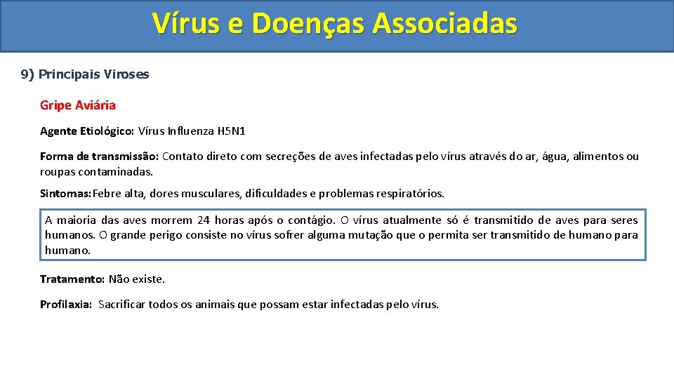 Vírus e Doenças Associadas 9) Principais Viroses Gripe Aviária Agente Etiológico: Vírus Influenza H