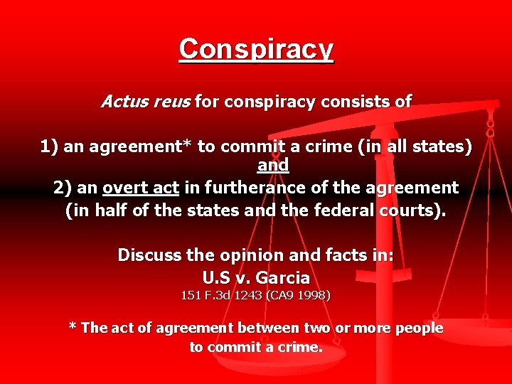 Conspiracy Actus reus for conspiracy consists of 1) an agreement* to commit a crime