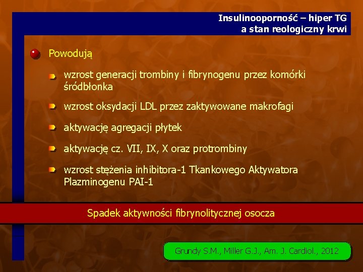 Insulinooporność – hiper TG a stan reologiczny krwi Powodują wzrost generacji trombiny i fibrynogenu