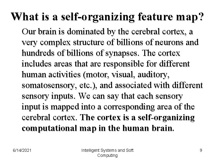 What is a self-organizing feature map? Our brain is dominated by the cerebral cortex,