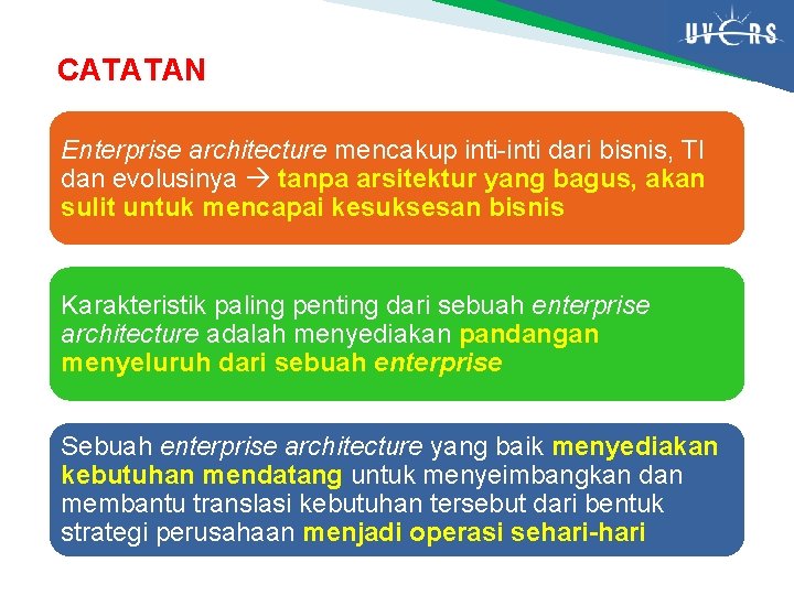 CATATAN Enterprise architecture mencakup inti-inti dari bisnis, TI dan evolusinya tanpa arsitektur yang bagus,