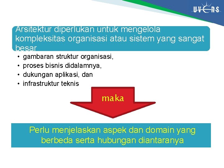 Arsitektur diperlukan untuk mengelola kompleksitas organisasi atau sistem yang sangat besar • • gambaran