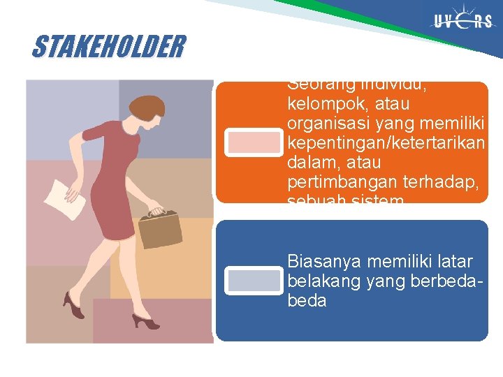 STAKEHOLDER Seorang individu, kelompok, atau organisasi yang memiliki kepentingan/ketertarikan dalam, atau pertimbangan terhadap, sebuah