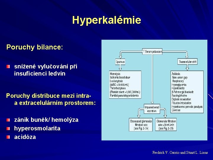 Hyperkalémie Poruchy bilance: snížené vylučování při insuficienci ledvin Poruchy distribuce mezi intraa extracelulárním prostorem: