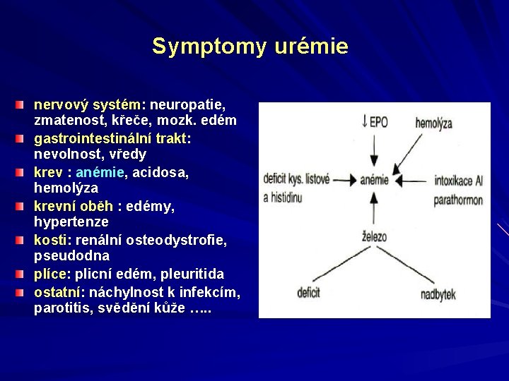 Symptomy urémie nervový systém: neuropatie, zmatenost, křeče, mozk. edém gastrointestinální trakt: nevolnost, vředy krev
