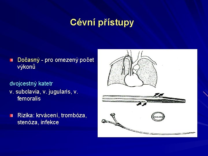 Cévní přístupy Dočasný - pro omezený počet výkonů dvojcestný katetr v. subclavia, v. jugularis,