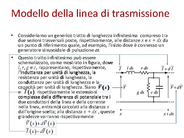 Modello della linea di trasmissione • Consideriamo un generico tratto di lunghezza infinitesima compreso