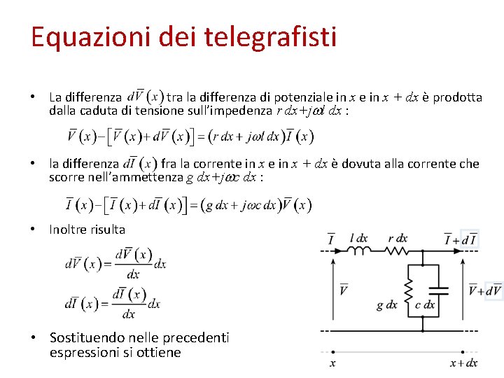 Equazioni dei telegrafisti • La differenza tra la differenza di potenziale in x +