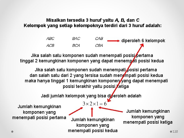 Misalkan tersedia 3 huruf yaitu A, B, dan C Kelompok yang setiap kelompoknya terdiri