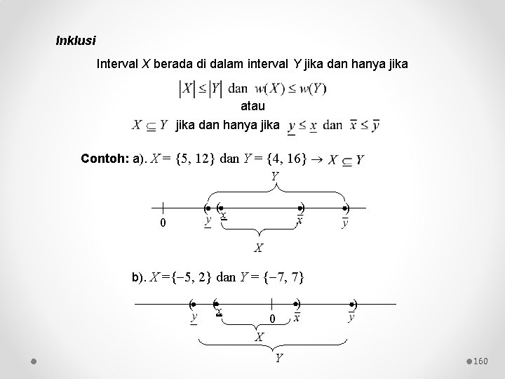 Inklusi Interval X berada di dalam interval Y jika dan hanya jika atau jika