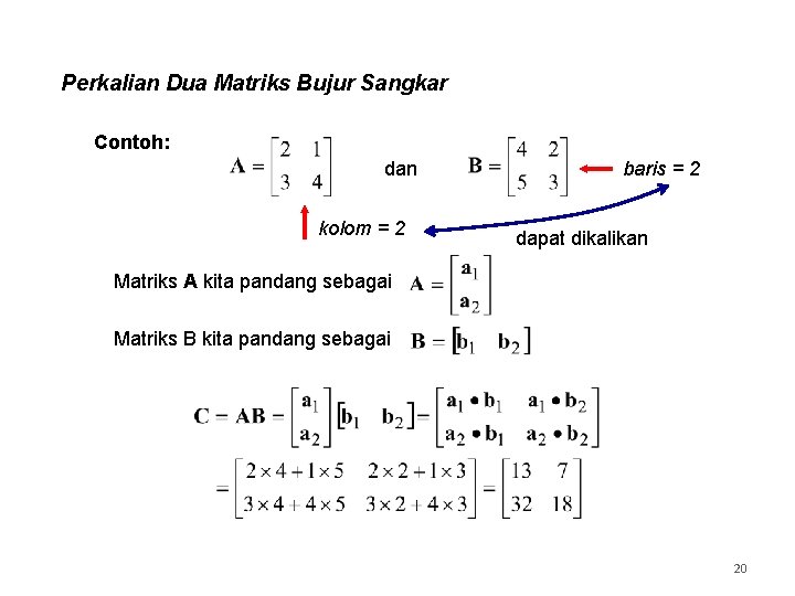 Perkalian Dua Matriks Bujur Sangkar Contoh: dan kolom = 2 baris = 2 dapat