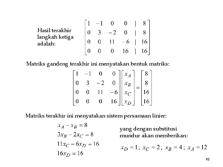 Hasil terakhir langkah ketiga adalah: Matriks gandeng terakhir ini menyatakan bentuk matriks: Matriks terakhir