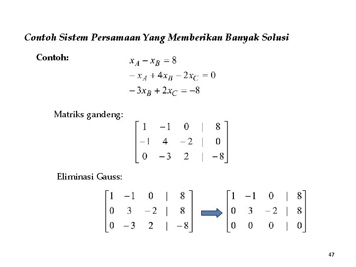 Contoh Sistem Persamaan Yang Memberikan Banyak Solusi Contoh: Matriks gandeng: Eliminasi Gauss: 47 