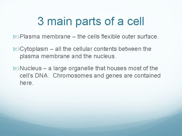 3 main parts of a cell Plasma membrane – the cells flexible outer surface. 3 main parts of a cell Plasma membrane – the cells flexible outer surface.