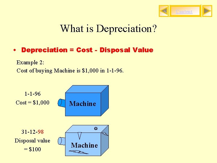 Content What is Depreciation? • Depreciation = Cost - Disposal Value Example 2: Cost